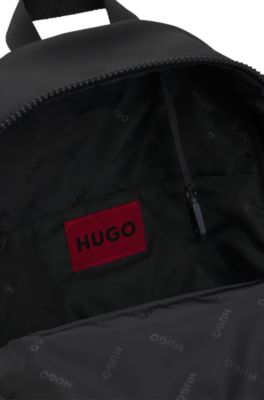 Backpack in matte fabric with red logo label, Black