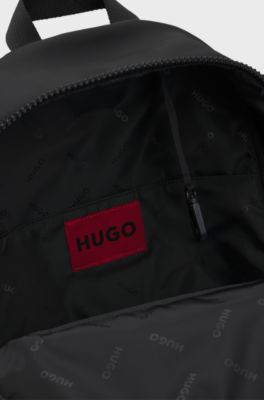 Backpack in matte fabric with red logo label, Black