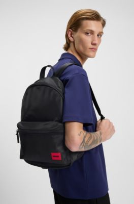 Backpack in matte fabric with red logo label, Black