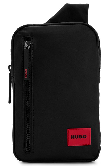 HUGO 雨果红色徽标标签特别面料单肩背包,  002_Black
