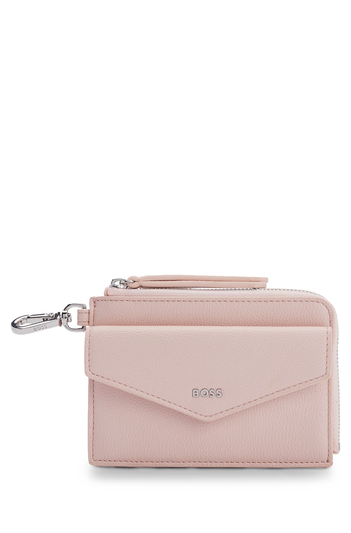 Faux-leather card holder with zip and flap pockets, light pink