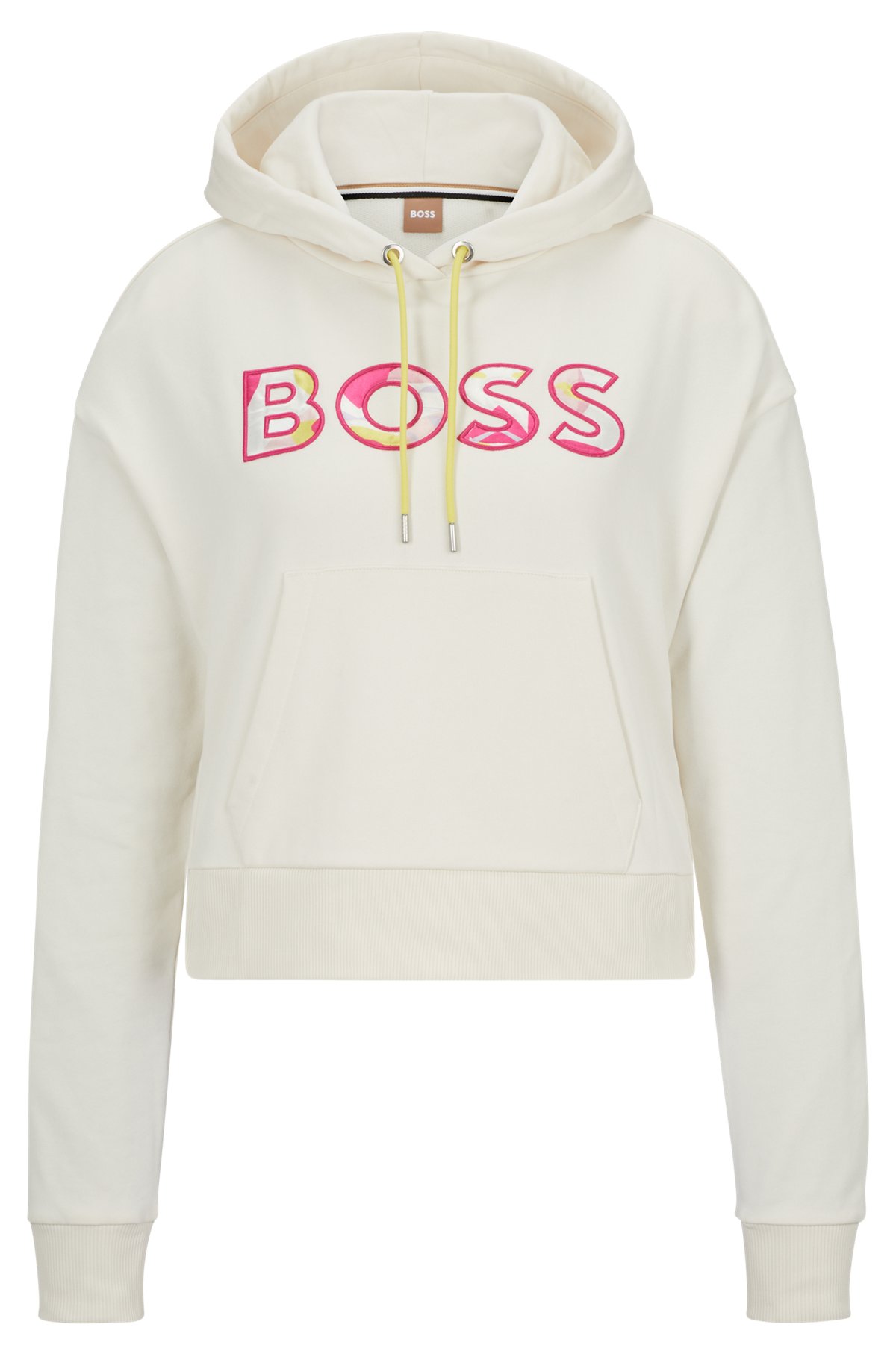 Cotton-blend relaxed-fit hoodie with printed logo, White Patterned
