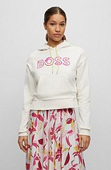 Cotton-blend relaxed-fit hoodie with printed logo, White Patterned