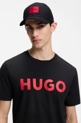 Pet van katoenen twill met rood logolabel, Zwart