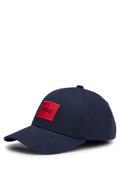 Gorra en sarga de algodón con etiqueta con logo roja, Azul oscuro