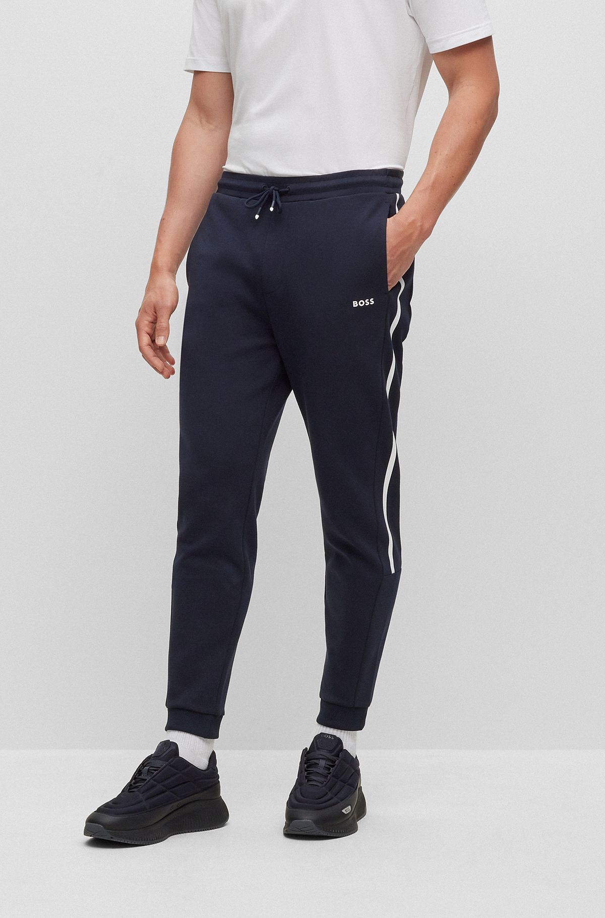 Cotton-blend tracksuit bottoms with stripe and logo prints, Dark Blue