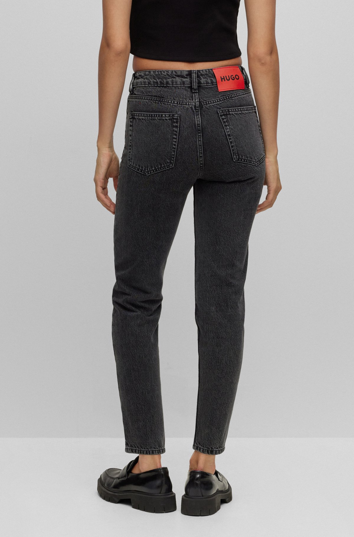 Relaxed-fit mom jeans in black rigid denim, Dark Grey