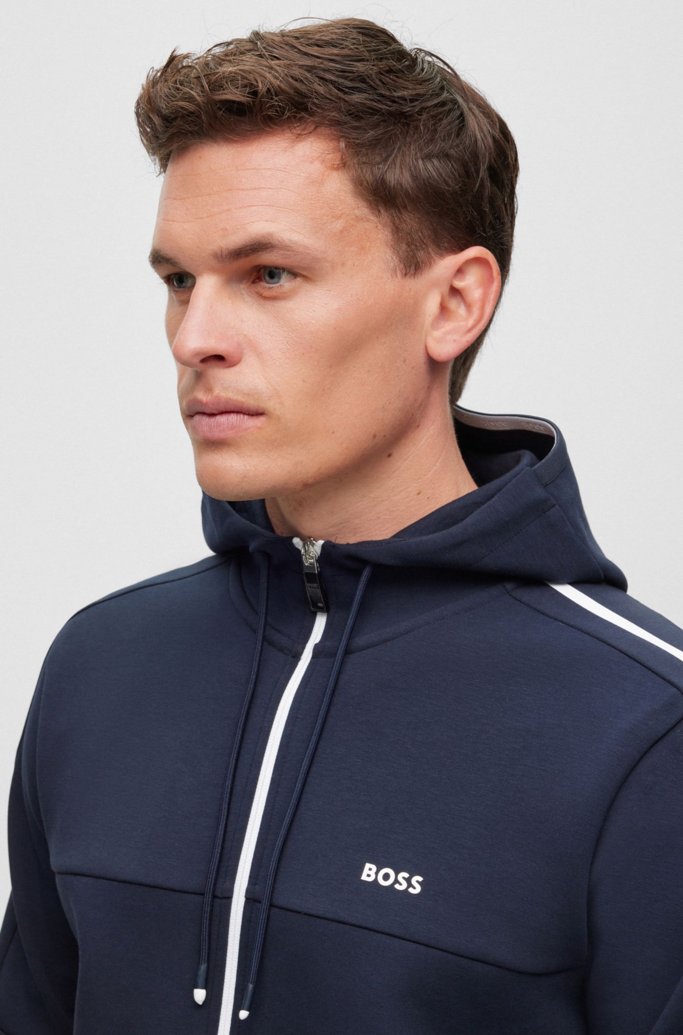 BOSS Cotton blend zip up hoodie with contrast trims