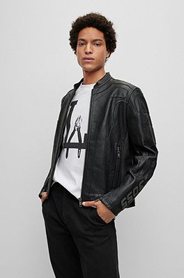 Hugo boss leather biker jacket clearance mens