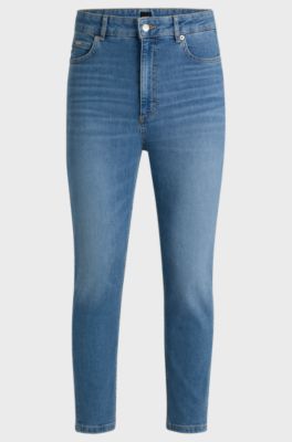 High-waisted cropped jeans in blue comfort-stretch denim, Blue