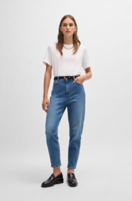 High-waisted cropped jeans in blue comfort-stretch denim, Blue