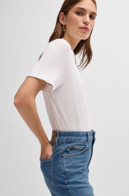 High-waisted cropped jeans in blue comfort-stretch denim, Blue