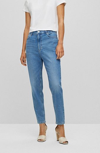Kortere jeans met hoge taille van comfortabel blauw stretchdenim, Blauw
