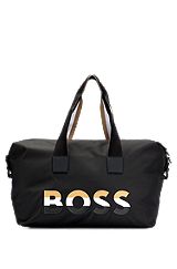 Holdall with signature-stripe strap and logo, Black