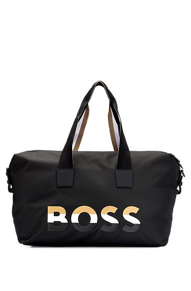 Holdall with signature-stripe strap and logo, Black