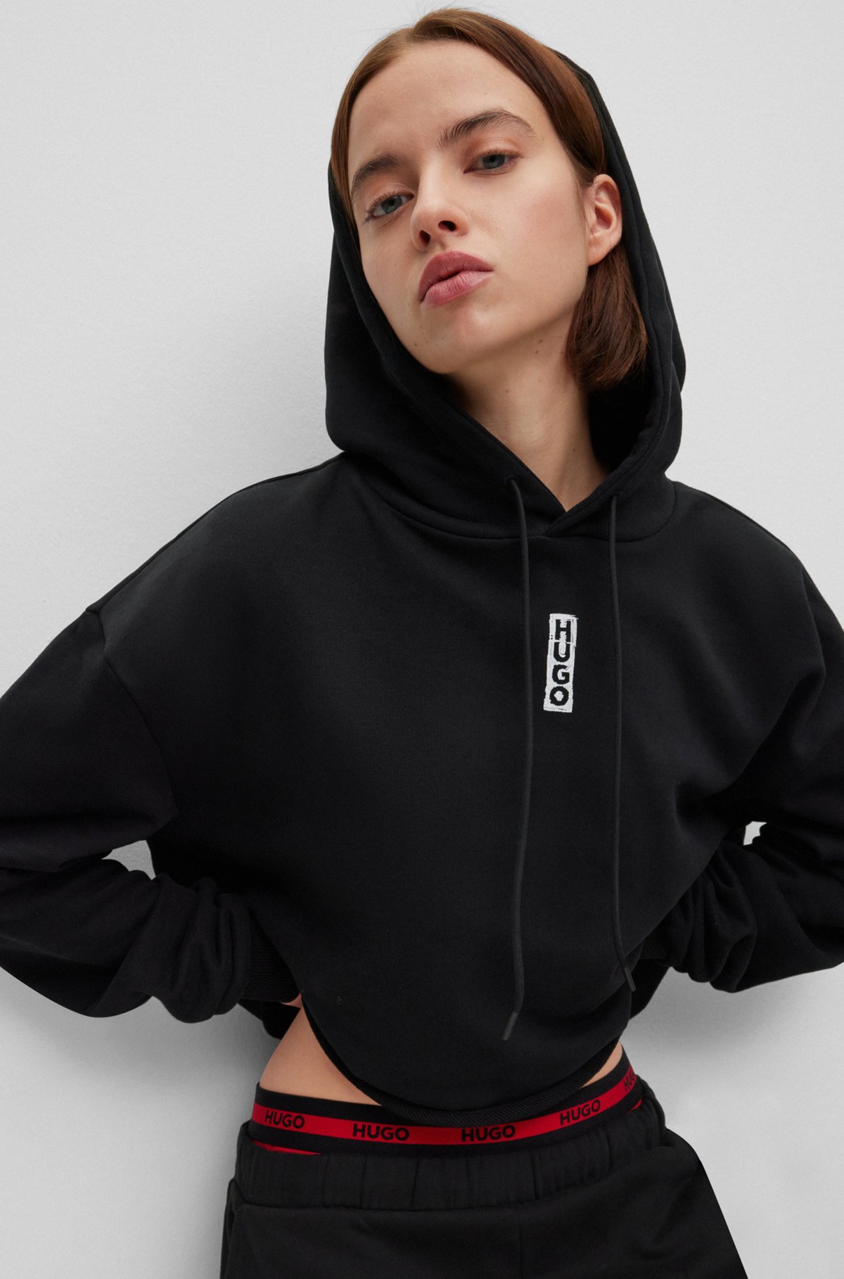 Cotton-terry cropped hoodie with vertical logo, Black
