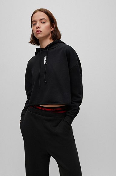 Kortere hoodie van katoenen sweatstof met verticaal logo, Zwart