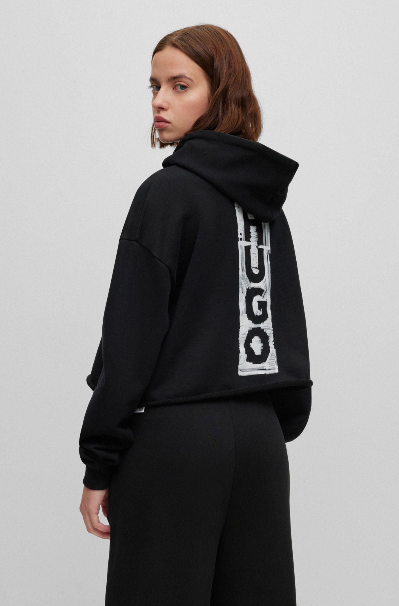 HUGO - Cotton-terry cropped hoodie with vertical logo