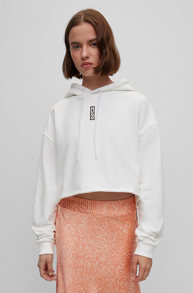 Cotton-terry cropped hoodie with vertical logo, White