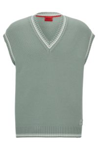 Oversized-fit sleeveless V-neck sweater with logo badge, Khaki