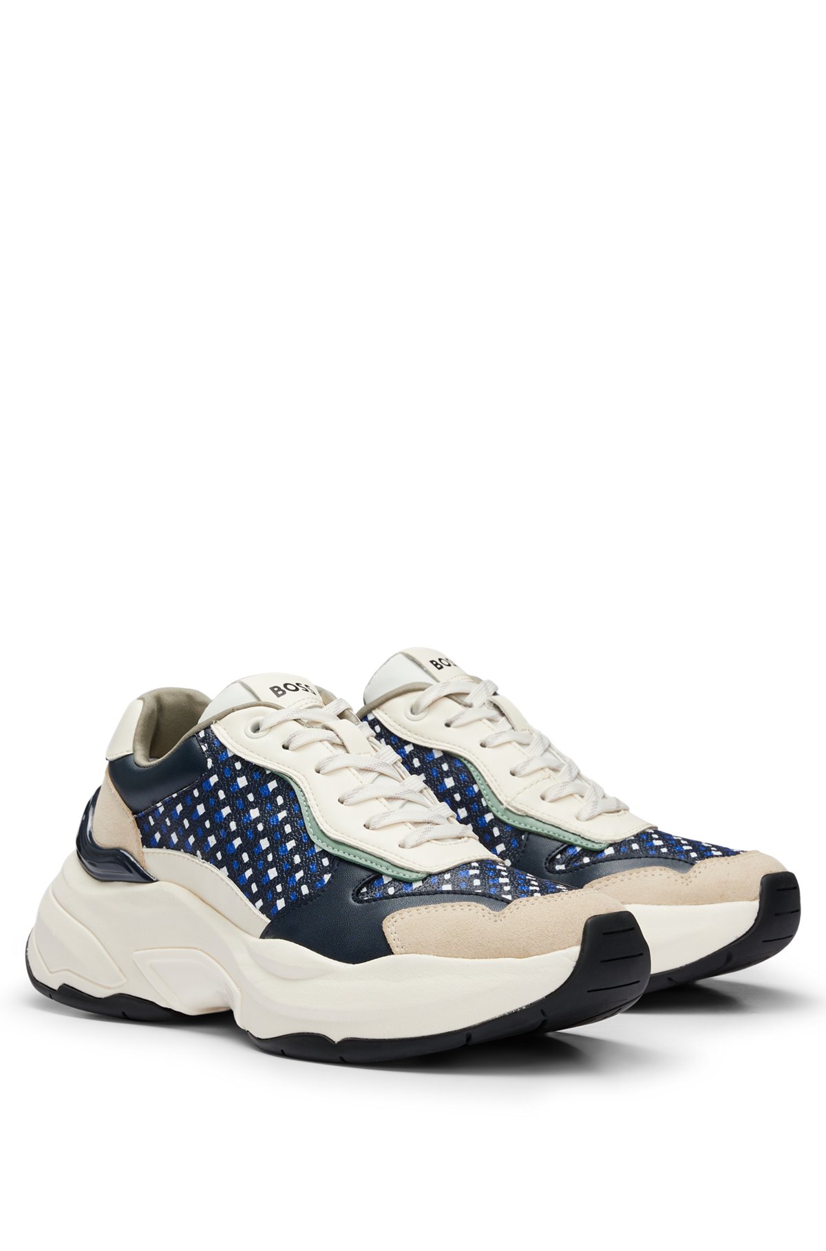 Chunky trainers with bonded leather and a monogrammed panel, Patterned