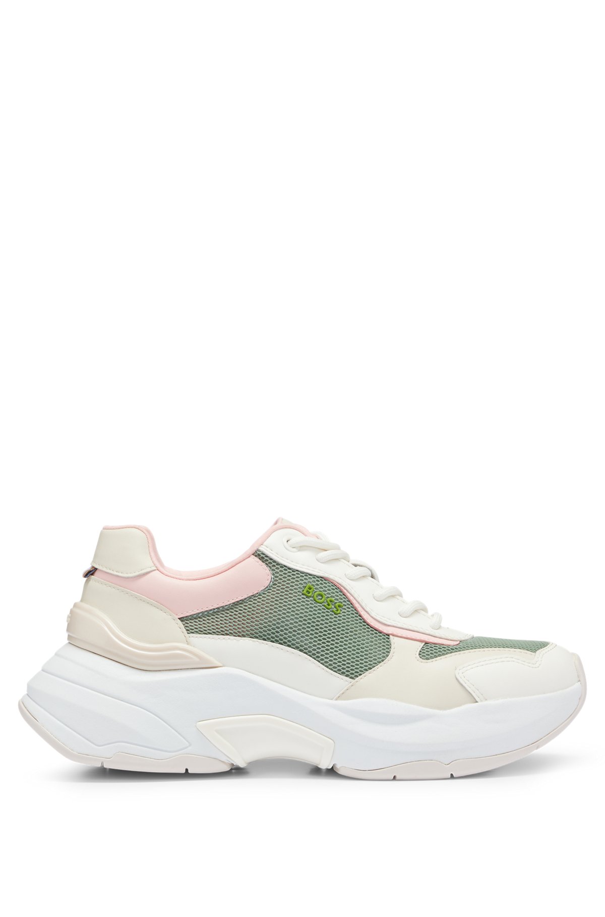 Mixed-material chunky trainers with bonded leather, Light Green