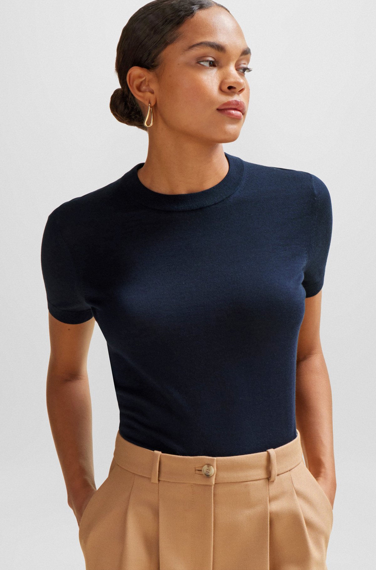 Short-sleeved sweater in Merino wool, Dark Blue