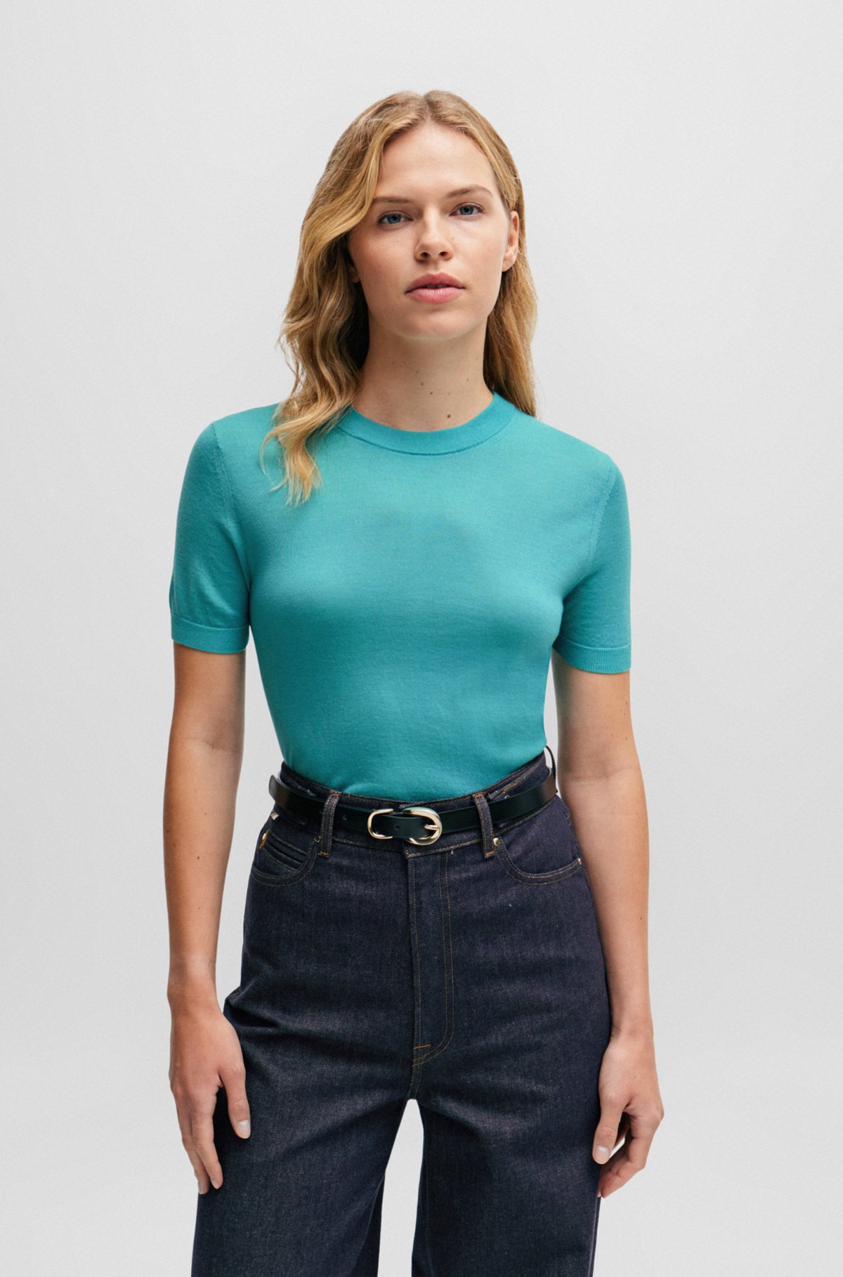 Short-sleeved sweater in Merino wool, Turquoise