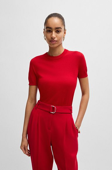 Short-sleeved sweater in Merino wool, Red