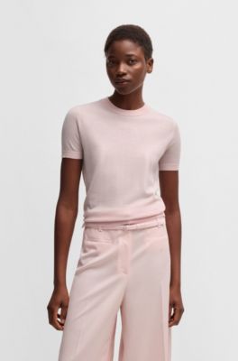 Maglione a maniche corte in lana merino, Rosa chiaro