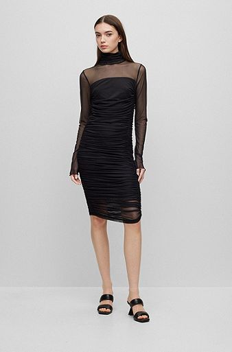 Stretch-mesh slim-fit dress with ruched front, Black