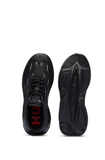 HUGO 雨果手绘徽标细节装饰混合材质运动鞋,  001_Black