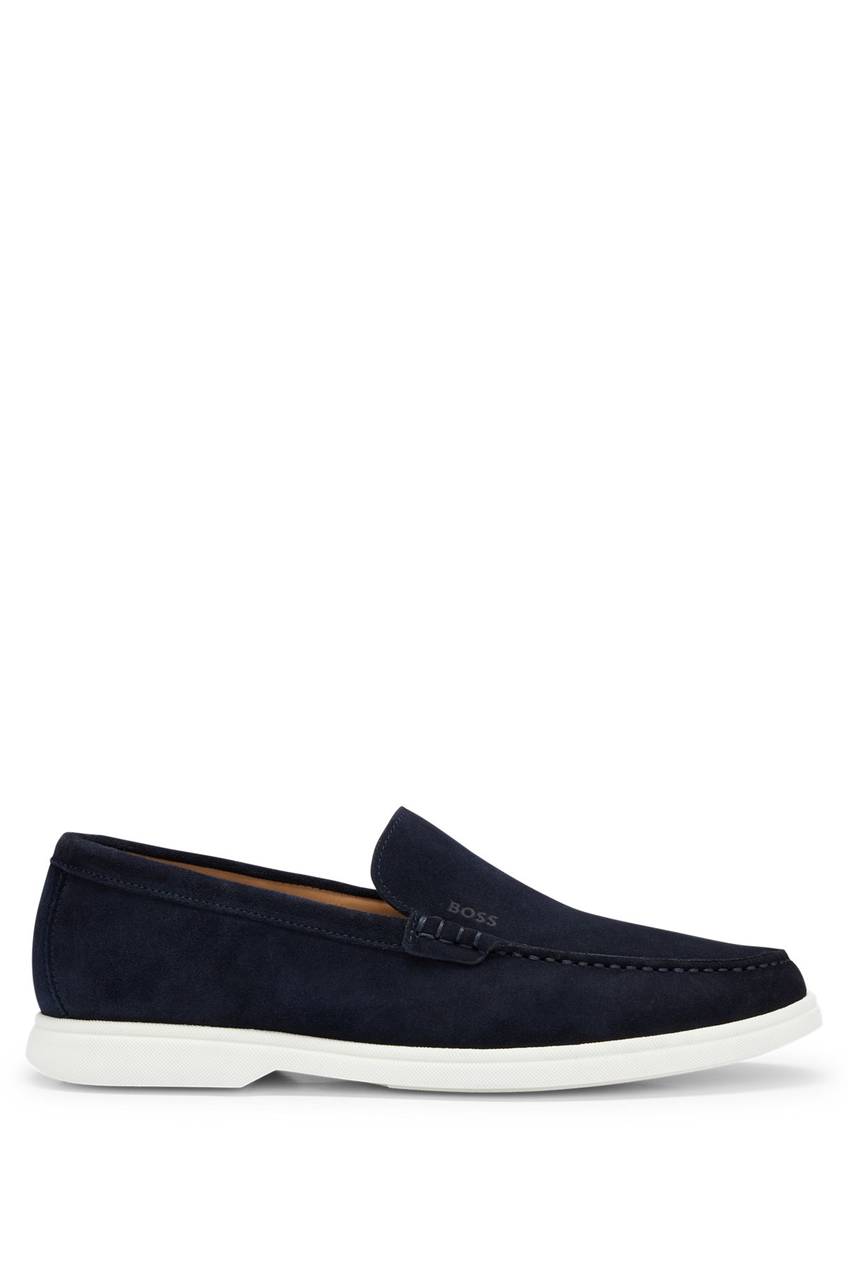 Suede loafers with embossed logo and TPU outsole, Dark Blue