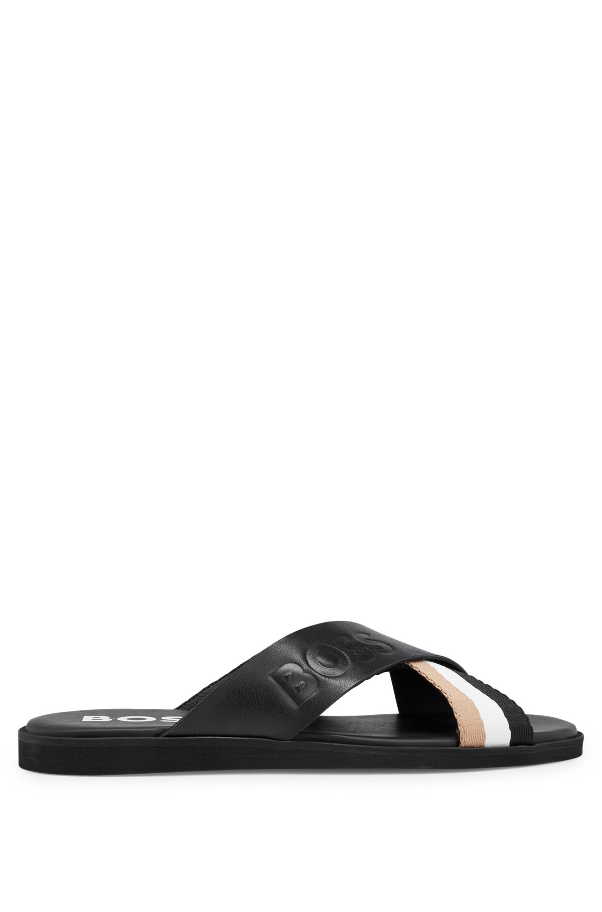 Leather slides with signature stripe and logo, Black
