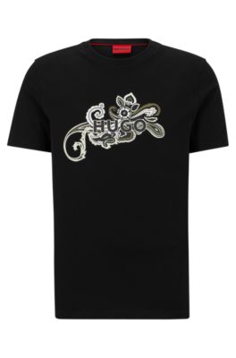 Hugo Cotton-jersey T-shirt With Paisley Motif And Logo In Black