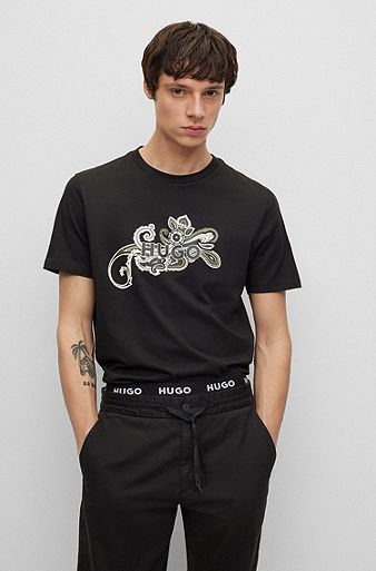 Cotton-jersey T-shirt with paisley motif and logo, Black