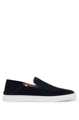 Hugo Boss Suede Slip-on Shoes With Signature-stripe Flag In Dark Blue