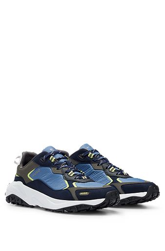 Lace-up trainers in mixed materials with logo details, Blue