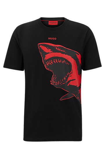 HUGO 雨果红色鲨鱼印花棉质平纹针织 T 恤,  001_Black