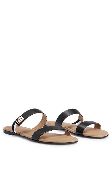 Flat leather sandals with signature stripe and shaken logo, Black