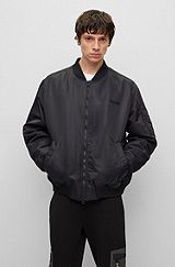 Oversized-fit water-repellent bomber jacket with logo print, Black