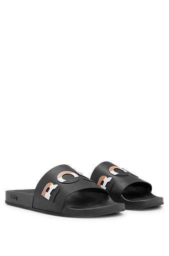 PVC slides with signature-stripe logo and contoured footbed, Black