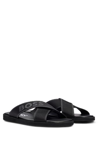 Cross-strap slides with tonal branding and EVA outsole, Black
