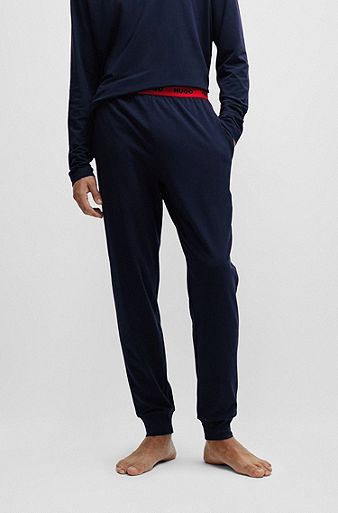 Stretch-cotton jersey pyjama bottoms with logo waistband, Dark Blue