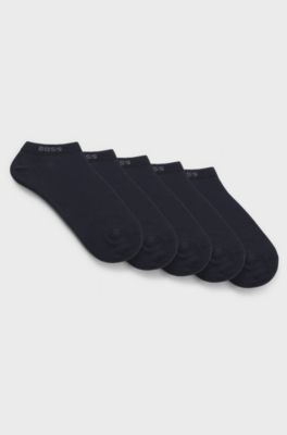 Lot de cinq paires de chaussettes basses en coton m&eacute;lang&eacute; avec logo, Bleu fonc&eacute;