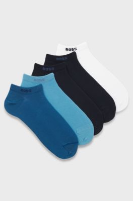 Lot de cinq paires de chaussettes basses en coton m&eacute;lang&eacute; avec logo, Blanc / Bleu