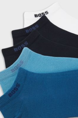 Lot de cinq paires de chaussettes basses en coton m&eacute;lang&eacute; avec logo, Blanc / Bleu