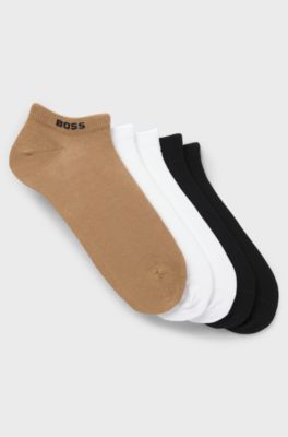 Pakke med fem par ankelstr&oslash;mper i bomuldsblanding og med m&aelig;rke, Sort/hvid/beige