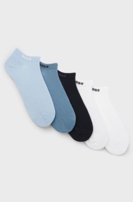 Lot de cinq paires de chaussettes basses en coton m&eacute;lang&eacute; avec logo, Blanc / Bleu