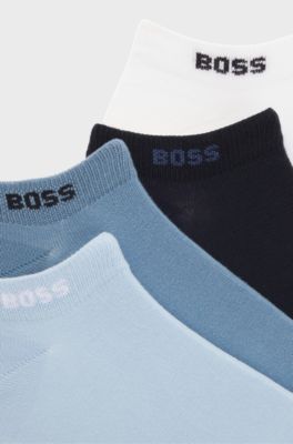 Lot de cinq paires de chaussettes basses en coton m&eacute;lang&eacute; avec logo, Blanc / Bleu